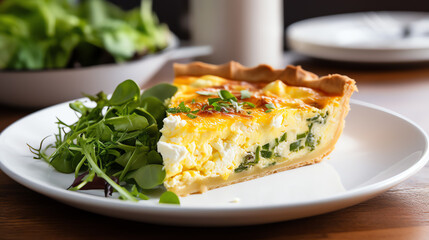 Homestyle quiche slice with mixed greens garnish