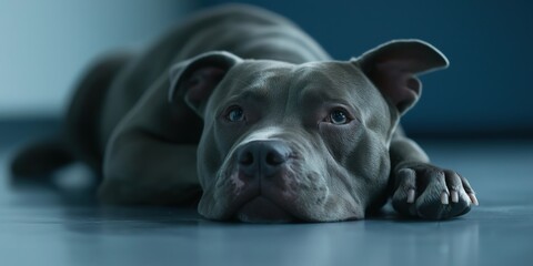 A close-up of an XL bully in a docile state, lying with its head resting on its paws and eyes half-closed, looking peaceful and calm