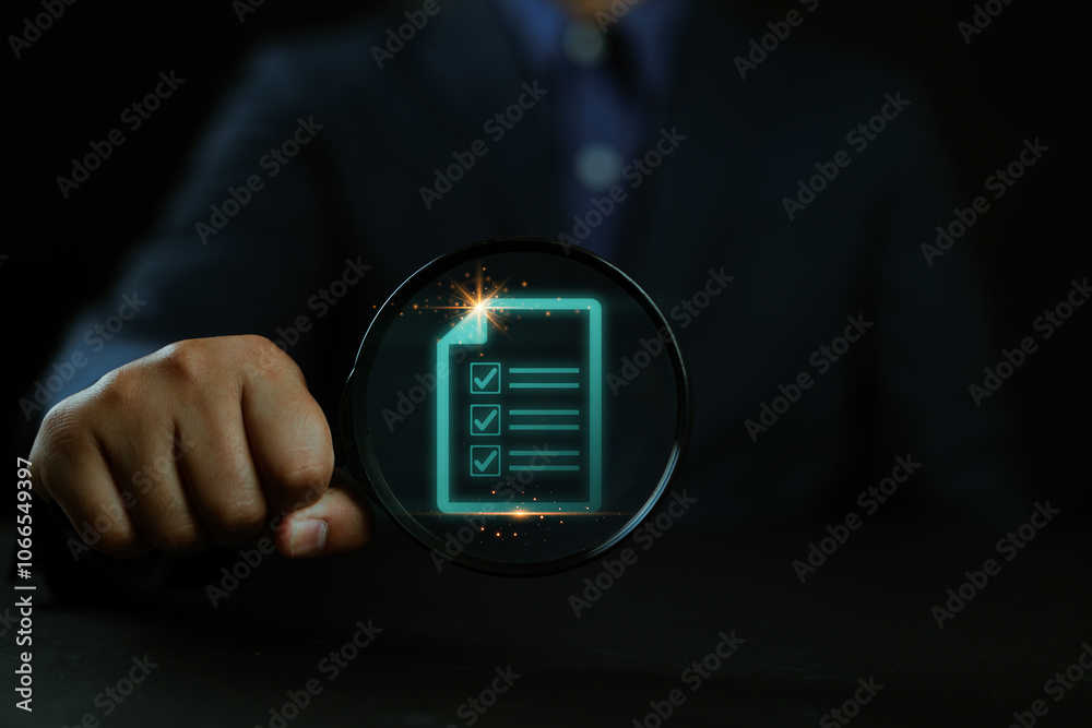 Poster accountant holding a magnifying glass ,Show document audit concept quality assessment with a checklist business document evaluation process ,process of reviewing plans and evaluating their correctness