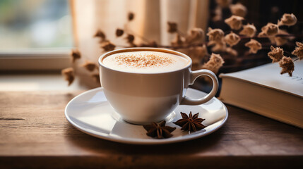 Rustic cappuccino with star anise and dried flowers