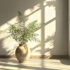 Fern branches in a vase on the floor in the sunlight from the window, isolated on a white background. Stylish composition for interior decor, illustration, creative template for a postcard, print on f