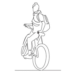 One continuous single drawing line art flat doodle people, girl, bike, one, ride. Isolated image hand draw contour on a white background
