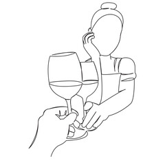 One continuous single drawing line art flat doodle couple, love, wine, drink, people. Isolated image hand draw contour on a white background
