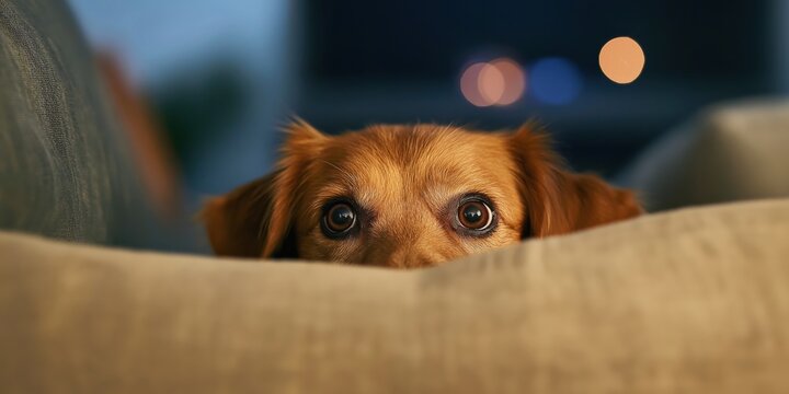 A dog peeking out from behind a couch, eyes wide with fear as distant fireworks light up the darkened room