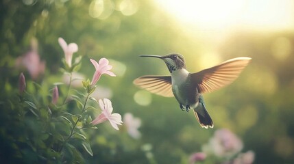 Naklejka premium A Hummingbird in Flight Amidst Pink Flowers and Sunlight
