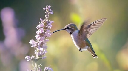 Fototapeta premium Hummingbird in Flight, Feeding on Purple Flowers
