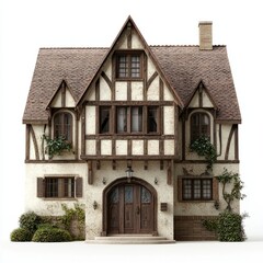 Low Poly 3D Render of a Tudor-style house, on isolated white background