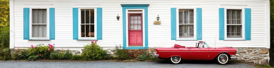 Lapis blue trimmed white house with a red convertible in West Virginia.