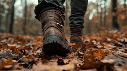 Fototapeta premium Close-up of a Hiking Boot on Autumn Leaves