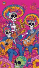Fototapeta premium Skeletons joyfully commemorate the Day of the Dead (Día de los Muertos) in a vibrant Mexican fashion.