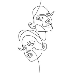 Abstract Female Two Faces Continuous One Line Drawing. Woman Face Minimalist Single Line Illustration. Woman Minimal Line Art Drawing for Abstract Home Decor, Wall Art. Vector EPS 10	