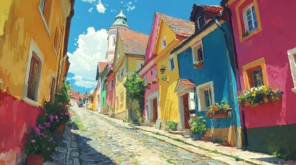 Fototapeta premium Charming Old Town Road with Colorful Houses