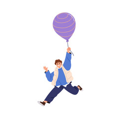 Happy boy holding balloon string, floating and flying up with smile. Cute kid celebrating, funny child lifted high with helium air baloon. Flat graphic vector illustration isolated on white background
