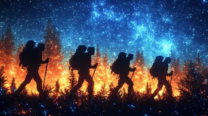 Fototapeta premium Cosmic Explorers: Silhouettes Hiking in Glowing Forest under Starry Sky - Sci-Fi Adventure and Exploration Concept