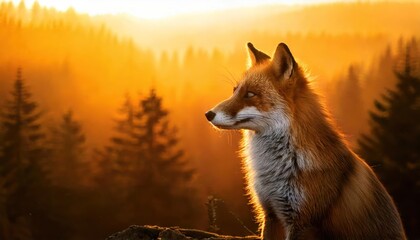 Naklejka premium a fox standing in a sunlit clearing in a forest, with the golden hour light casting a warm glow on its fur and the surrounding foliage, creating a serene and natural scene, with copy space for text