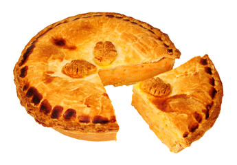 Crusty home made potato and cheese pie with wedge cut out isolated on a white background