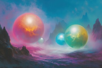 Colorful Spheres in a Surreal Landscape with Mountains and Fog