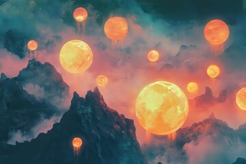 Multiple Orange and Yellow Moons Over Foggy Mountains