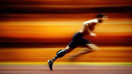 An athlete using a prosthetic leg runs swiftly on a track, demonstrating incredible athleticism and motivation in a competitive environment. Generative AI