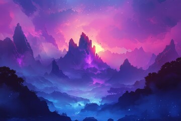 Purple Sky and Mountain Landscape with Glow