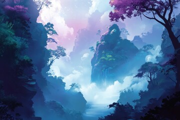 Misty Forest Canyon with Waterfall and River