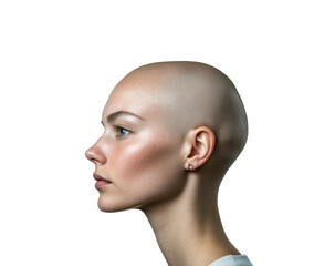 Profile of bald woman with smooth skin and natural beauty, side view, isolated on transparent background