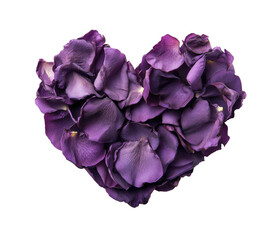 Heart-shaped arrangement of purple flower petals, romantic floral decoration, isolated on transparent background