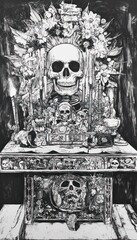 ceremonial altar dedicated to the observance of the Day of the Dead festival, featuring a haunting illustration adorned with marigolds and candles