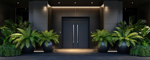 Stylish entrance with grey door and greenery for contrast.