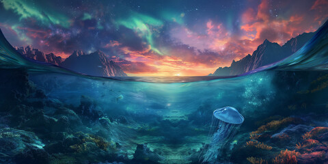 Jelly fish under northern sea with aurora in the sky part 11