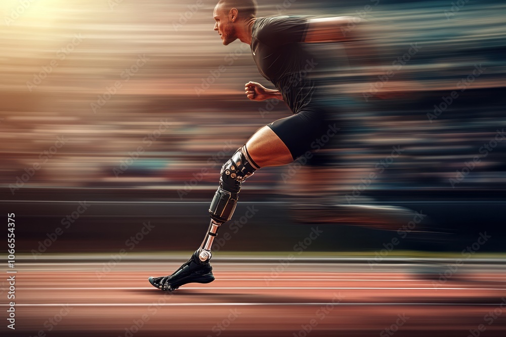 Poster an incredible athlete races down the track using a prosthetic leg, demonstrating strength and speed 