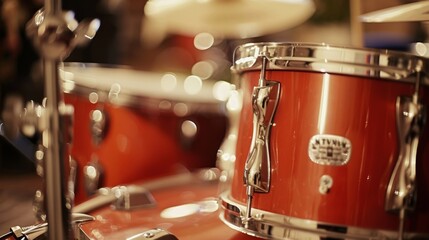 At one end of the room a drum set is set up ready for a lively performance or solo practice.