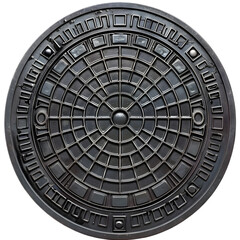 A manhole cover with urban design isolated on white background, top view