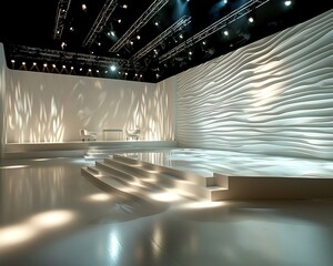 Artistic design award podium, gallery space, creative lighting, minimalist stage setup