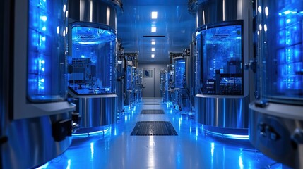 Fototapeta premium Wide shot of Bright Advanced Semiconductor Production