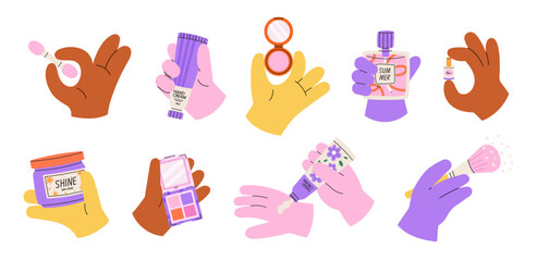 Isolated hands holds cosmetic products