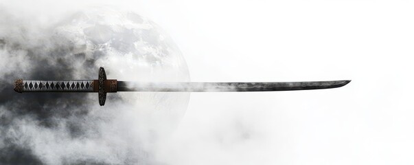 A stunning katana sword emerges from mist, symbolizing elegance and strength against a backdrop of moonlight.