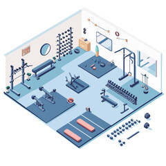 Obraz premium Fitness center isometric composition with gym equipment and equipment vector illustration 