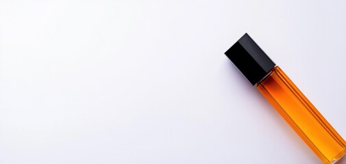 Minimalist amber pump bottle with black cap, isolated on white background, symbolizing luxury, simplicity, and eco-friendly beauty packaging