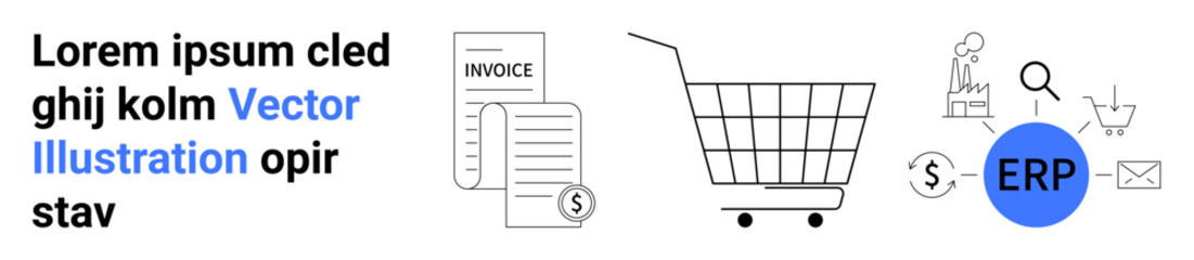 Obraz premium Digital icons representing an invoice document, shopping cart, and ERP interface with symbols for quality checks, payment, and email communication. Ideal for finance, e-commerce, business management