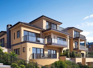 Fototapeta premium Beige suburban house in Sydney with charcoal trim and balconies, blue sky above.