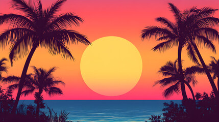Fototapeta premium vibrant tropical beach sunset with palm trees silhouetted against colorful sky