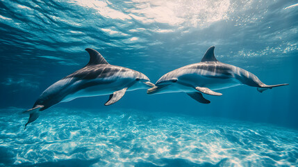 Naklejka premium Dolphins swimming gracefully underwater, showcasing their playful nature