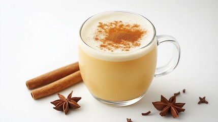 Hot Turmeric Latte in Glass with Cinnamon Topping