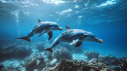 Obraz premium Underwater scene with dolphins swimming gracefully in clear water