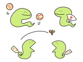 Obraz premium 日本の正月遊びを楽しむヘビ 羽根付き 蹴鞠