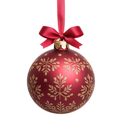 Red ornament with gold floral patterns on red ribbon isolated on white background, decoration for Christmas tree.