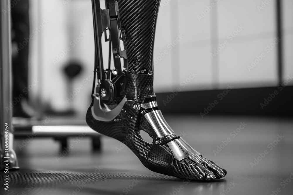 Leinwandbilder the detailed view highlights a sophisticated prosthetic leg, focusing on its advanced materials and 