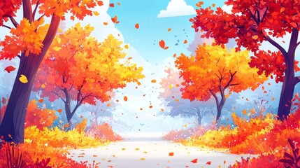 Autumn Avenue with Lined Trees and Colorful Leaves