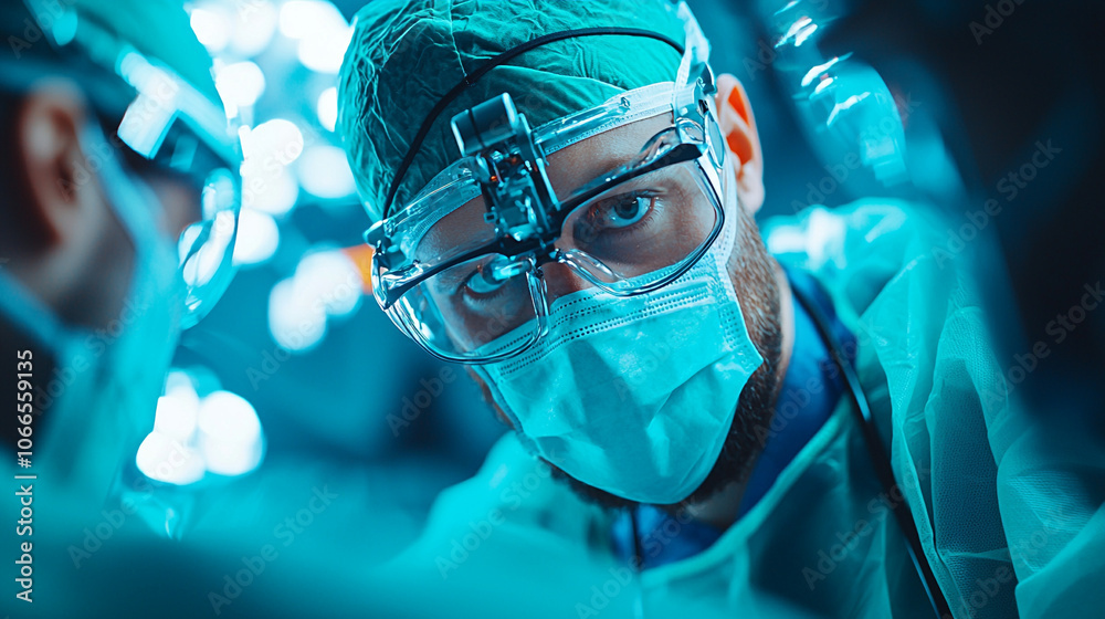 Poster focused surgeon wearing protective gear and magnifying glasses performs delicate operation in bright